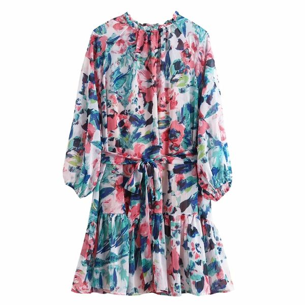 

2020 women vintage ink painting print hem ruffles mini dress ladies o neck lantern sleeve chiffon vestidos chic dresses ds3626, Black;gray