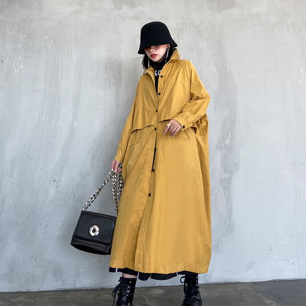 

women spring autumn long sleeve loose casual solid color long shirt jacket trench coat female streetwear plus size windbreaker, Tan;black
