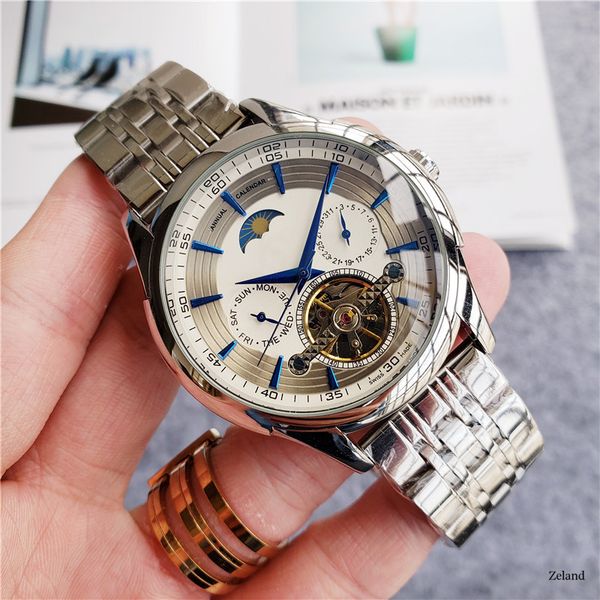 

mens luxury watches all stainless steel tourbillon automatic watch all dial work 24hours transparent back waterproof men clock, Slivery;brown