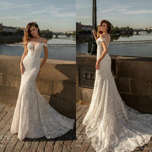 

mermaid wedding dresses boho sweep train sheer jewel neck lace applique beach wedding dress 2020 trumpet robes de mariée, White