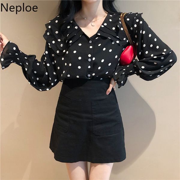

women's blouses & shirts neploe vintage polka dot chiffon blouse ruffle turn down collar long sleeve blusa 2021 spring single breasted, White
