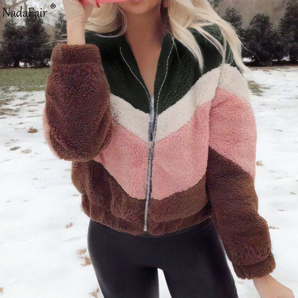 

nadafair pinkblack patchwork casual teddy coat women plush winter faux fur jacket coat female fluffy overcoat, Black