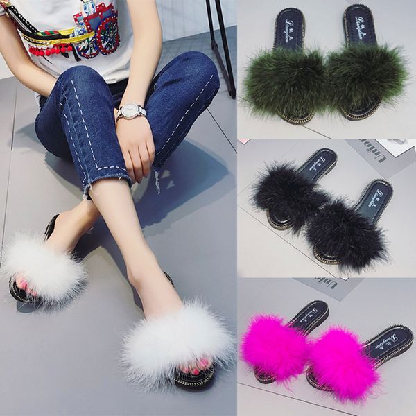 

summer slippers women feather open toe slides woman beach sandals ostrich feather flip flops woman babouche slip on shoes, Black