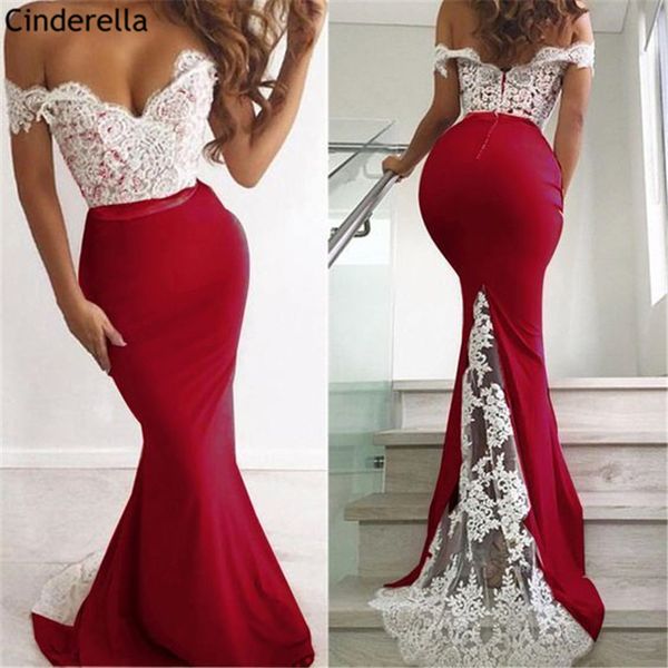 

red v-neck off the shoulder sweep train pleated lace applique mermaid women prom dresses vestidos de fiesta de noche, White;black