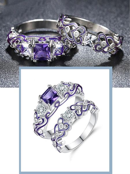 

gemstone zircon diamond rings set for women purple crystal enamel white gold anillos mujer jewelry party fashion bijoux, Golden;silver