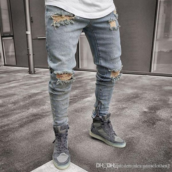 

denim blue ripped designer jeans mens clothing draped slim fit holes zipper pencil pants hombes pantalones