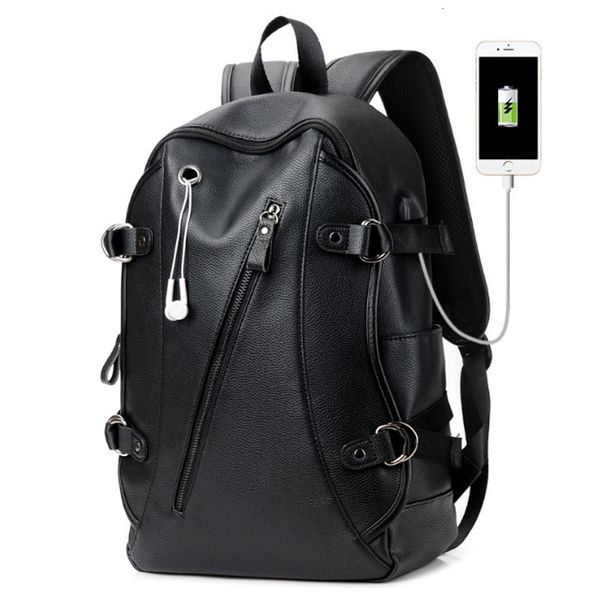 

men's leather waterproof large lapbag usb design with headphone hole travel backpack school bags mochila masculina
