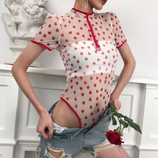 

print bodysuit women love see through mesh jumpsuit slim transparent streetwear bodysuit combinaison femme, Black;white