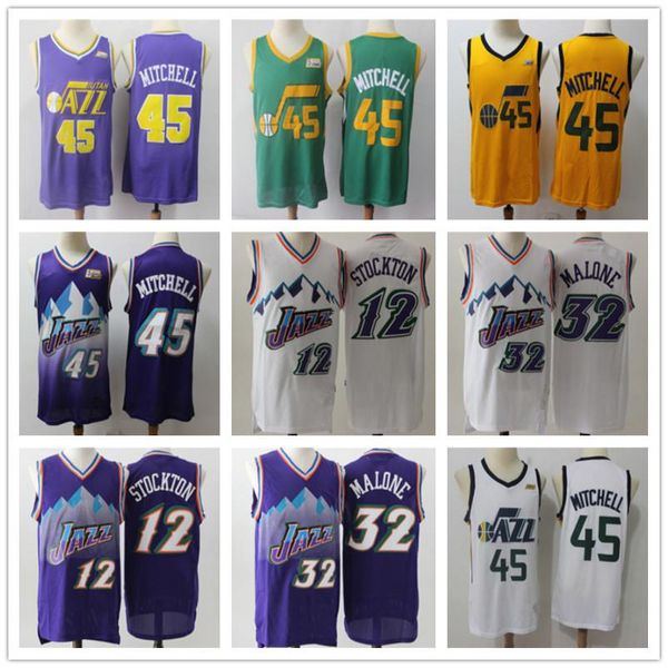 

mens utah jazz throwback 12 john stockton 32 karl malone donovan 45 mitchell basketball jerseys basketball shorts purple white, Black;red