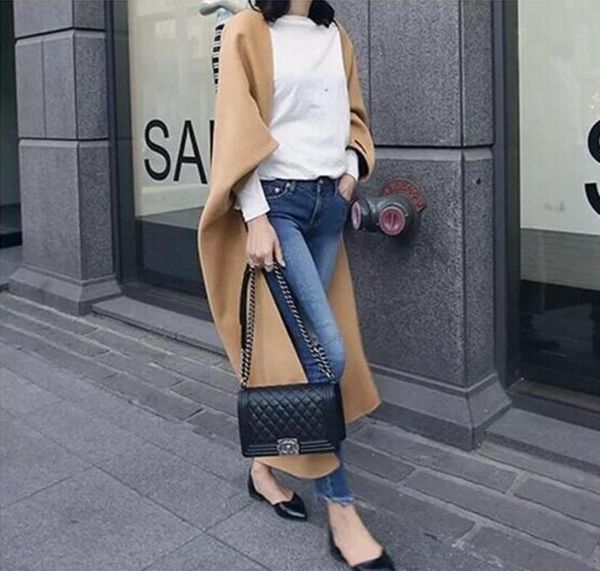 

2018 autumn and winter new woolen coat female long section slim solid color double-sided cashmere coat woolen shawl, Black