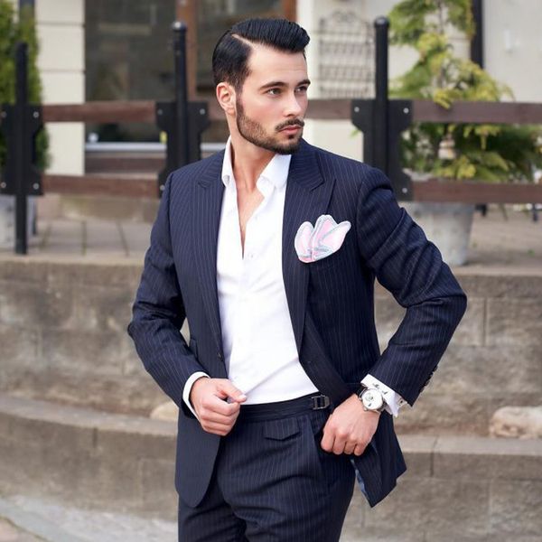 

new pinstripe groom wedding tuxedos peaked lapel men pant suit handsome 2 pieces groomsmen wear formal blazer, Black;gray