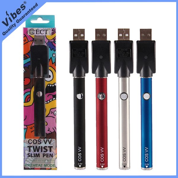 

100% оригинал ECT COS VV Twist Slim Pen 380 мАч Разогрев Vape Аккумулятор 510 Напряжение резьбы с переменным током Batt С Дисплей Box VS OOZE
