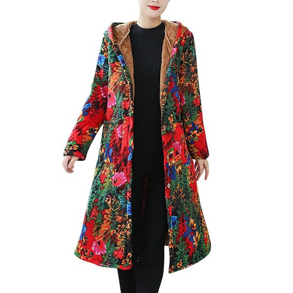 

women coats fashion womens winter warm outwear floral print vintage hooded pockets vintage oversize coats overcoat blouse, Black