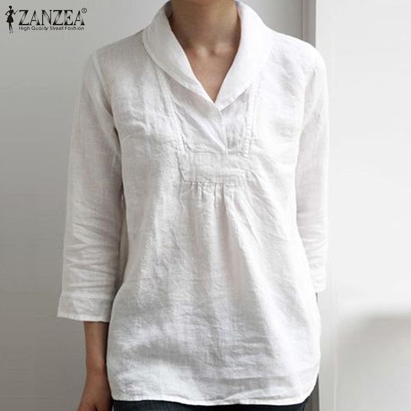 

zanzea elegant women lapel neck cotton linen shirt summer 3/4 sleeve tunic casual ladies v neck blusas plus size blouse 5xl, White