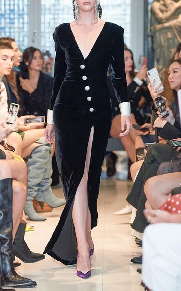 

women deep v-neck runway dress button embellishment split dress 3051, Black