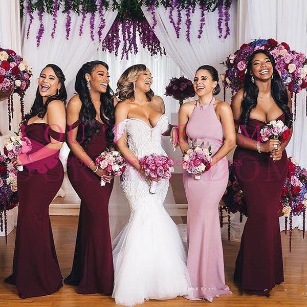 

2019 new elegant off the shoulder burgundy bridesmaid dresses mermaid plain satin maid of honor wedding guest gown custom made sale, White;pink