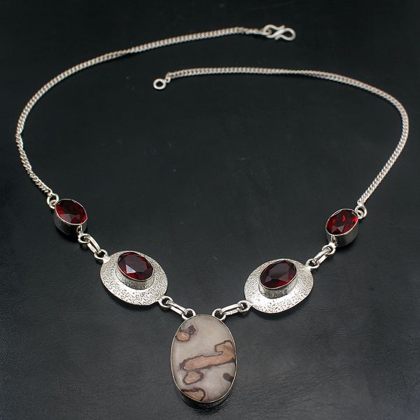 

hermosa natural unique oceanjasper red garnet 925 sterling silver chain necklace 19.5 inch a769