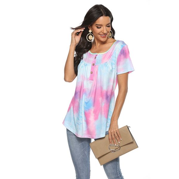 

women's t-shirt plus size women summer tshirt tie dye print short sleeve t-shirts round neck button casual shirts s-2xl tee shirt femme, White