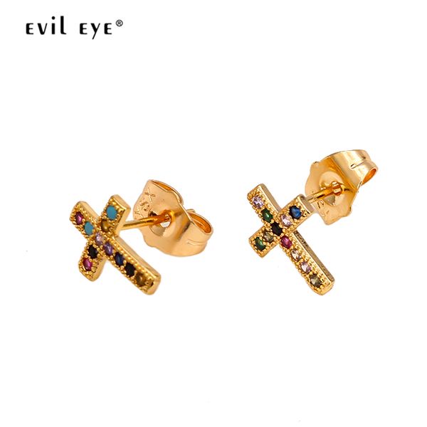 

evil eye cross colorful zircon stud earrings gold color micro pave earrings fashion jewelry gifts for women ladies girls ey6579, Golden;silver