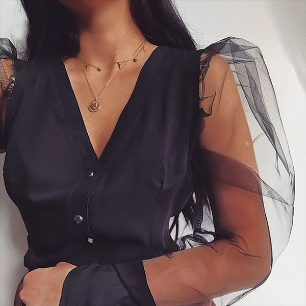 

solid color stitching mesh perspective bubble sleeve v-neck base t-shirt 11225 solid color stitching mesh perspective bubble sleeve v-n, White