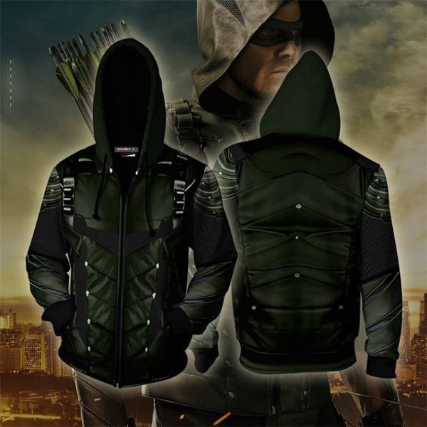 

2019 new 3d hoodies costume green arrow clothing oliver queenzip up hoodie 3d printed zipper hoodies sweatshirt men, Black