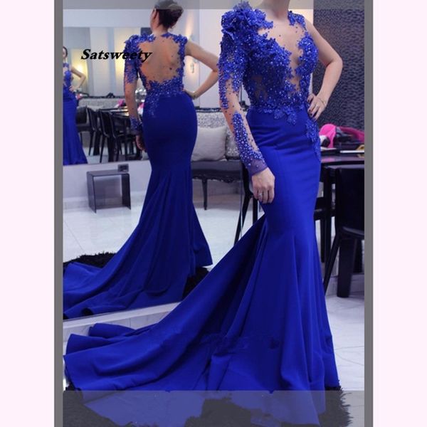 

one shoulder mermaid evening dresses long sleeve lace beads backless royal blue formal dress party prom gown robe de soiree, Black;red