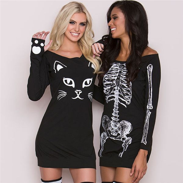 

halloween women designer dresses skeleton and kitten printed women dresses fashion long sleeve womens dresses, White;black