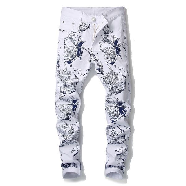 

men's fashion brand slim fit flower 3d printed jeans floral pattern print skinny stretch white denim pants 906#, Blue
