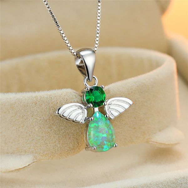 

dainty female green zaircon pendant necklace cute opal silver color chain necklaces for women simple angel wing wedding necklace