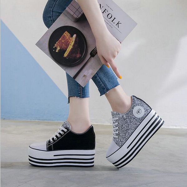 

fashion women casual canvas shoes height increasing 9cm breathable wedges sneakers flat platform sequin bling shoes a11-32, Black