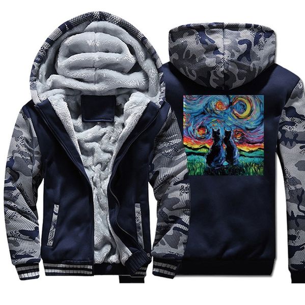 

men cat jackets starry night vincent makes men hoodie thick winter sweater coat sportswear camouflage outwear, Black;brown