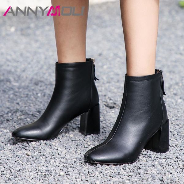 

annymoli winter ankle boots women natural genuine leather square high heels short boots zipper round toe shoes female size 34-39, Black