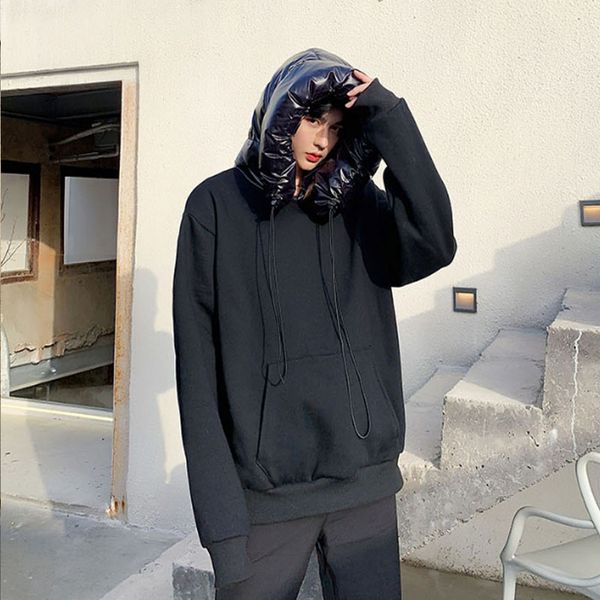 

men women winter streetwear hip hop casual loose big hat thick hoodie male fashion show pullover hooded sweatshirt, Black
