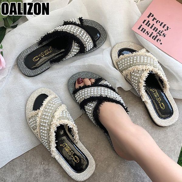 

summer slides women fashion casual female cross strap open toe flat ladies mules lazy string beading pearly slippers shoes r206, Black