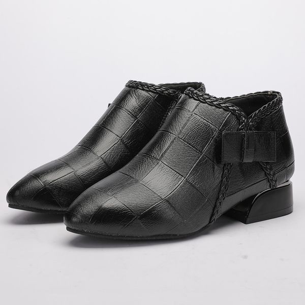 

2019 women ankle boots autumn square heel slip on black leather boots winter female botas england women pumps zapatos mujer t3