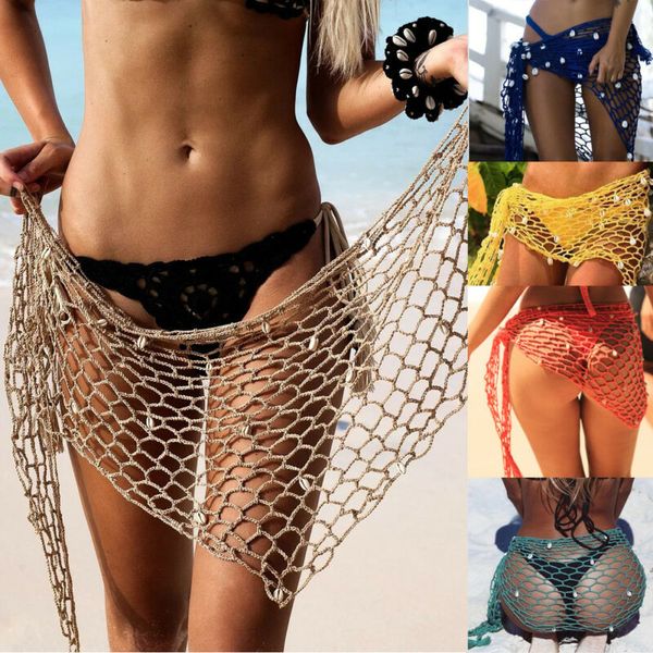 

crochet fishnet bikini 2019 summer fashion beach wear women cover up sequini swimsuit tunic for women sarong cover-ups new, Blue;gray