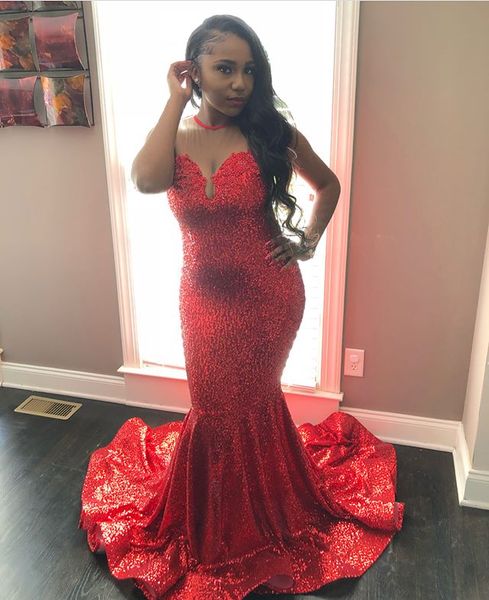

2019 длинные красные прозрачные шеи русалка вечерние платья блестки bling bling пром платья элегантные вечерние платья вечерние платья вечер, Black;red