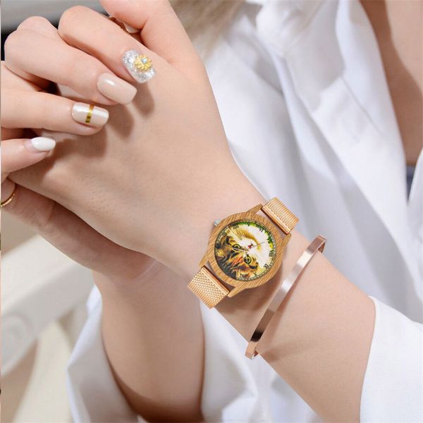 

new analog quartz wristwatch cat face cute girl watches classic women's wood grain case watch dress feminino clock relogio #a, Slivery;brown