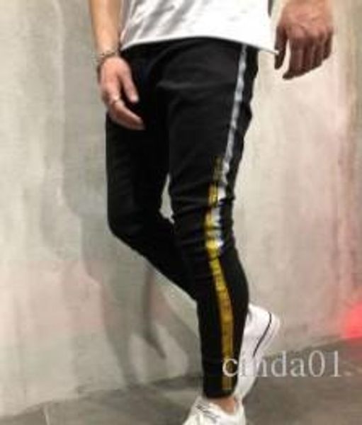 

street mens высокой моды жан повседневный приталенный печатные jogger мужские джинсы байкер высокого качества длинные брюки боковые нашивки, Blue