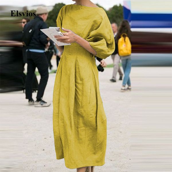 

elsvios vintage cotton linen pleated dress elegant women lantern sleeve party dress ladies solid o neck maxi long dress vestido, Black;gray