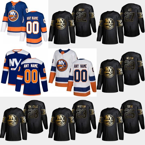 

22 Mike Bossy 2019 Gold Black New York Islanders 27 Anders Lee 29 Brock Nelson 28 Michael Dal Colle 23 Bob Nystrom 25 Devon Toews Jersey