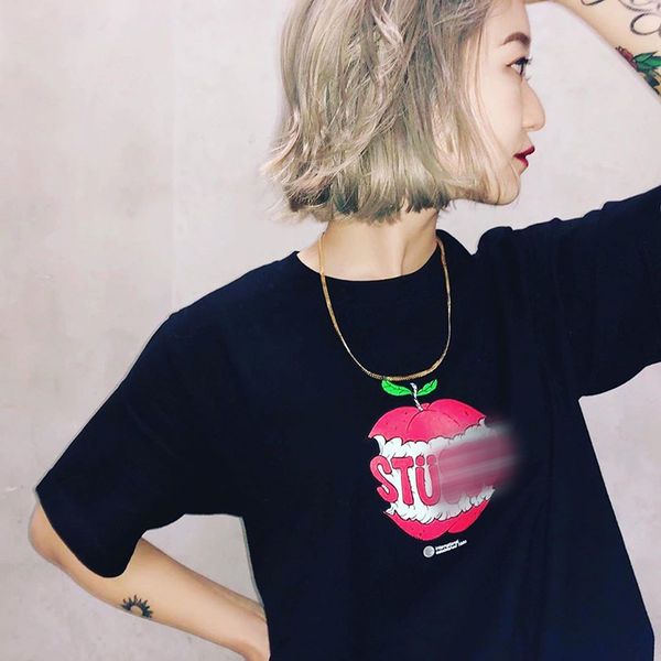 

brand fashion luxury designer men испытано красоты tide 20ss компании apple tee printed bf сыпучие негабаритные с коротким рукавом женщин па, White