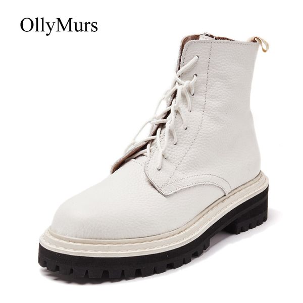 

botas mujer 2019 casual shoes women martin boots real leather fashion brand ladies footware anke boots cross-tied white, Black