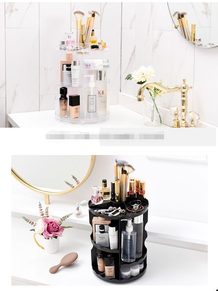 

new 360 degree rotating makeup rack creative cosmetics storage box beauty frame plastic table cosmetic box three colors
