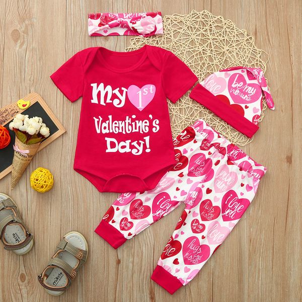 

my 1st valentine day newborn baby boy girl outfits cotton baby valentines outfit letter romper+pants+hat+headbands set l1228, White