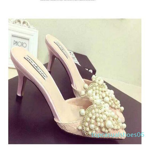 

pearl rhinestones high heels shoes for ladies pointed toes shoes pink and beige sandal shoes size 35-39 shipping t06, Black