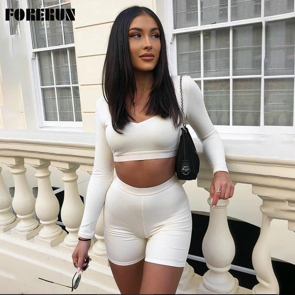 

forerun biker shorts two piece set long sleeve crop and biker shorts solid women summer suits, White