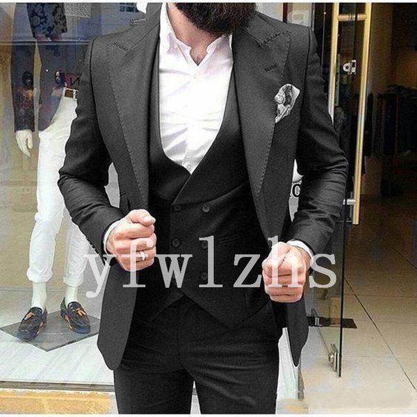 

classic peak lapel wedding tuxedos slim fit suits for men groomsmen suit three pieces prom formal suits (jacket+pants+vest+tie) w125, Black;gray