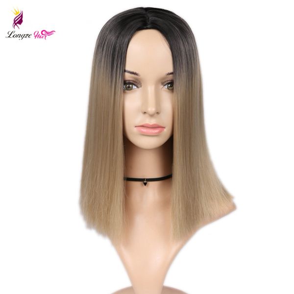 2 Tone Ombre Brown Ash Blonde Synthetic Wig For Women Middle Part