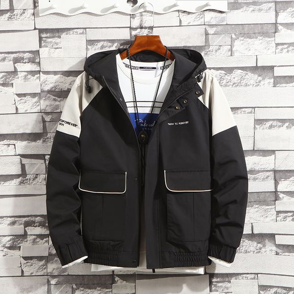 

safari style men's hooded jackets printing patchwork male jackets coat windproof black beige m-3xl man coats, Black;brown